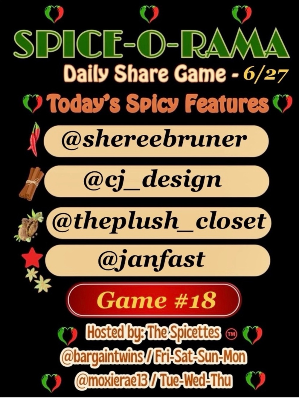 Spice-O-Rama Daily Share Game 🌶️🔥🌶️@bargaintwins  and  @moxierae13